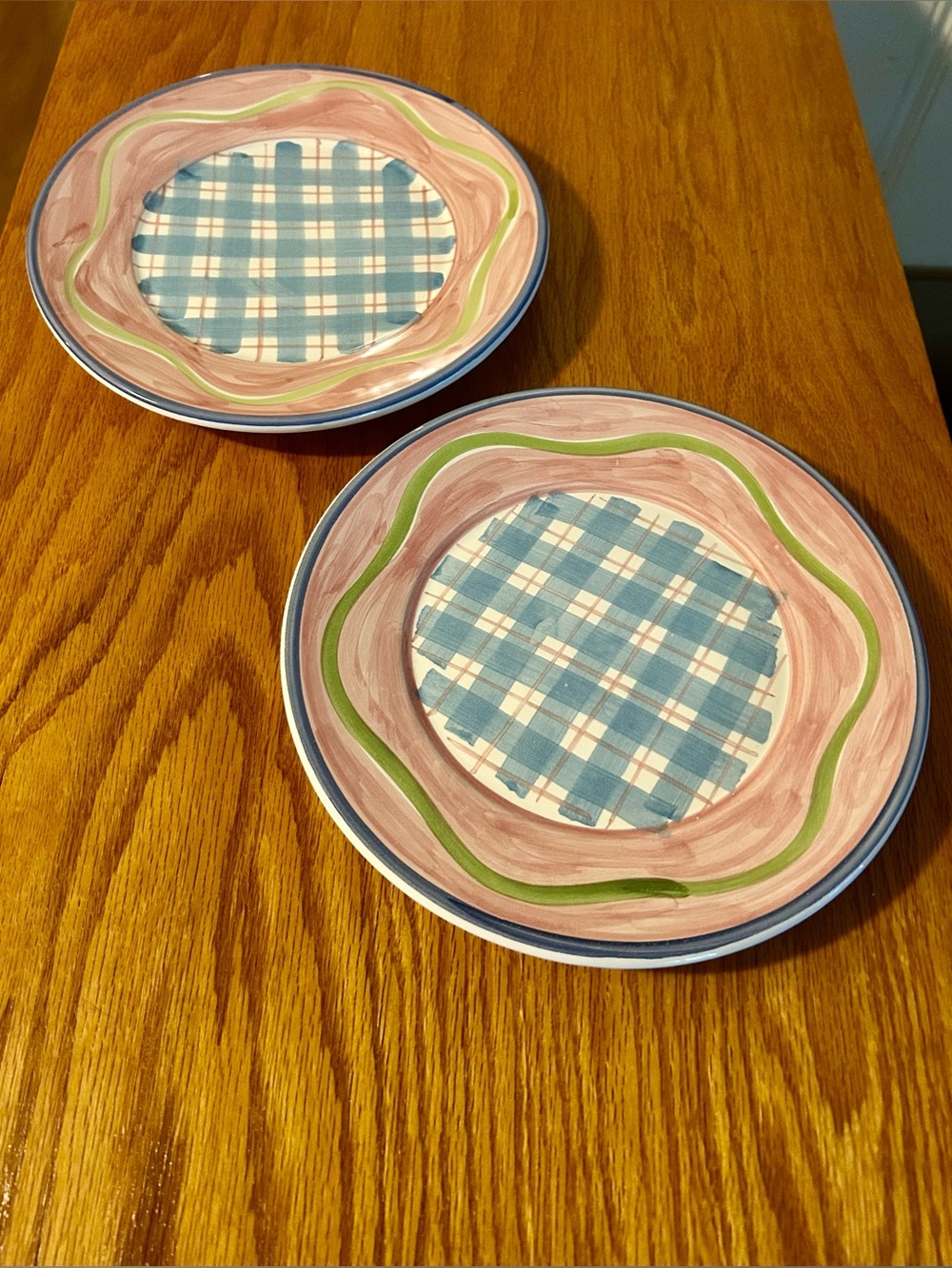 Irene by CALECA Pink and Blue Plaid Ceramic 9 1/2”  Dinner Plates - Set of 2